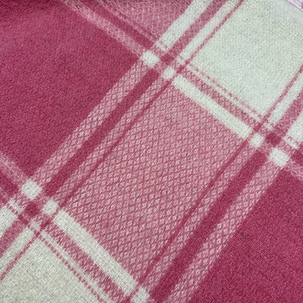 Vintage pink and cream reversible plaid soft wool blanket 72x77